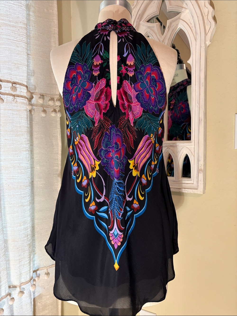 Jade By Johnny Was Black Floral Halter Tunic with Pink & Blue Accents - Picture 2 of 5